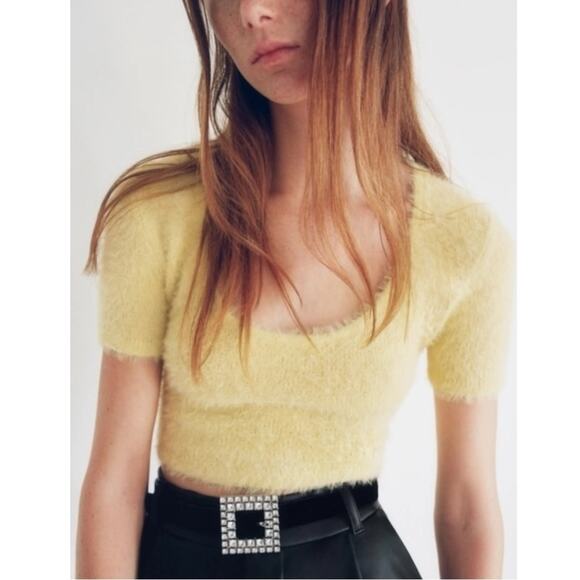 Zara Fuzzy Yellow Cropped Sweater Size Large NWT Scoop Neck Spring Faux Mohair - Picture 13 of 13